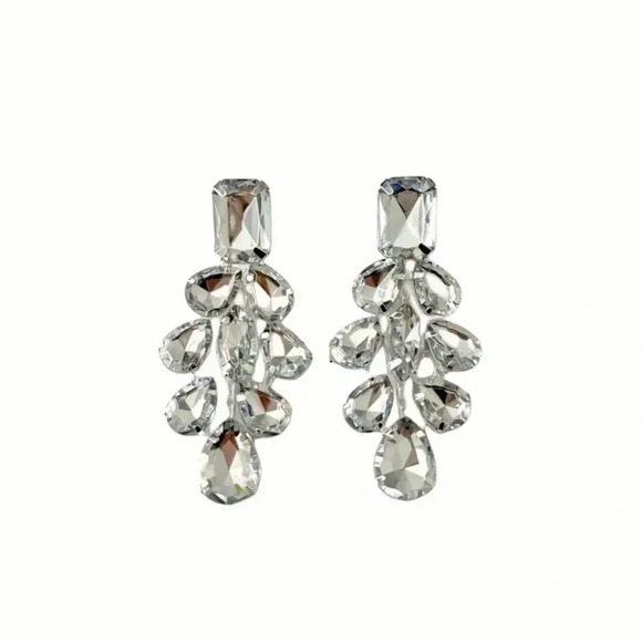 NEW-Silver Crystal Statement Dangle Earrings - Picture 3 of 5